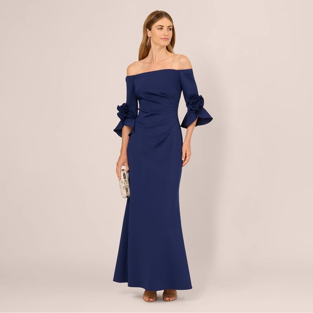 Adrianna Papell Navy Off-Shoulder Maxi Dress with Floral Sleeve Detail
